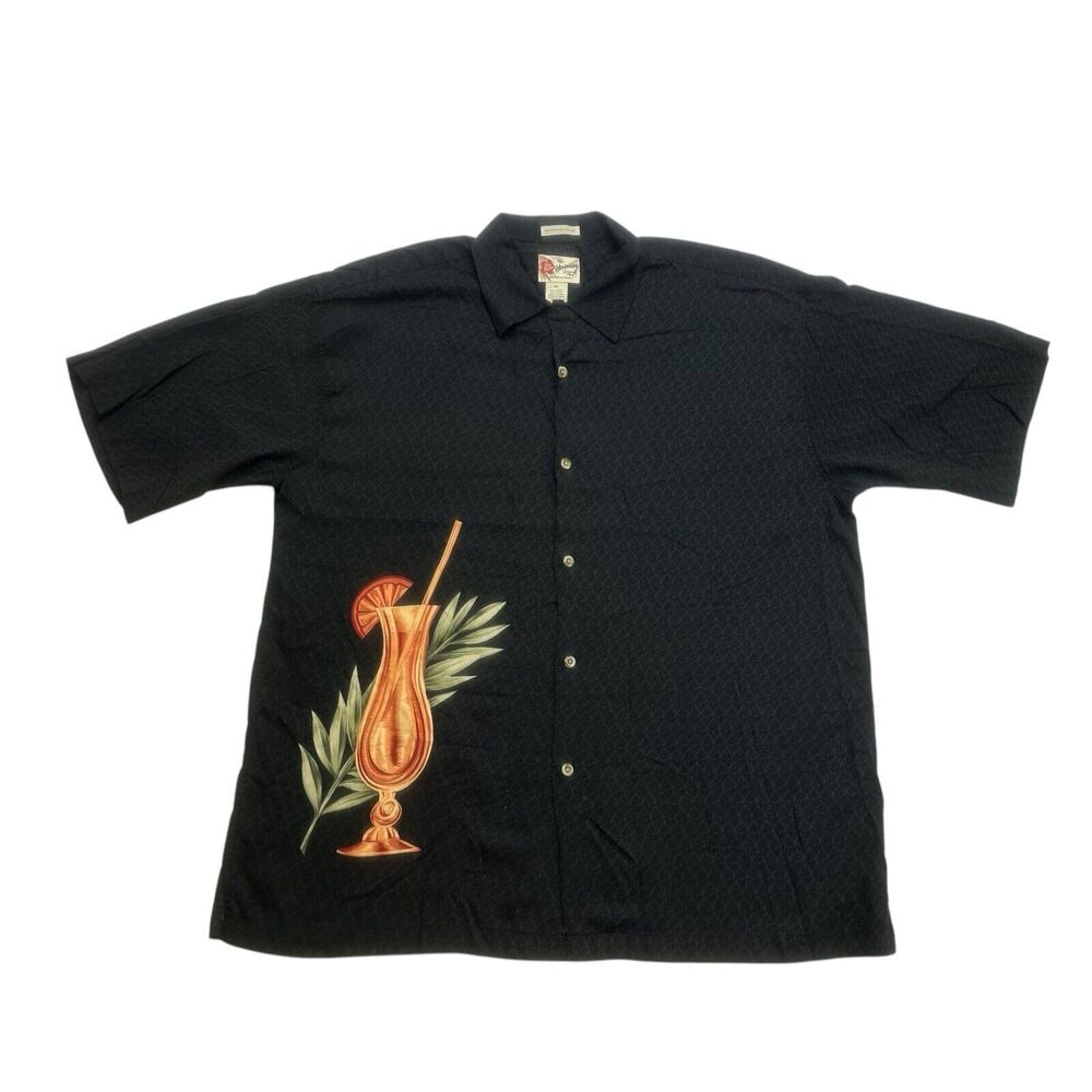Vintage Hilo Hattie Hawaiian Shirt Mens XL Black Rayon Short Sleeve Button Up